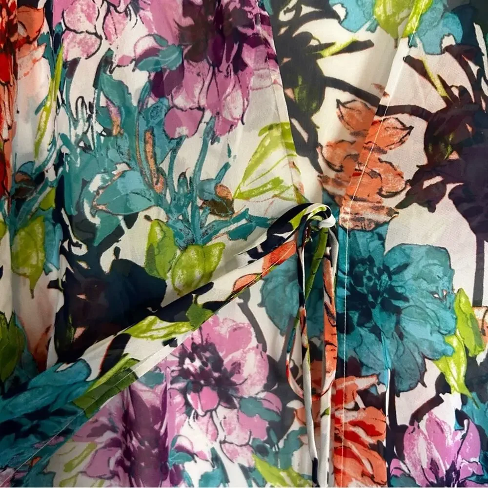 Catalina Floral Print Open Tie Front Fringe Hem Kimono Swim Coverup Medium 8-10‎
